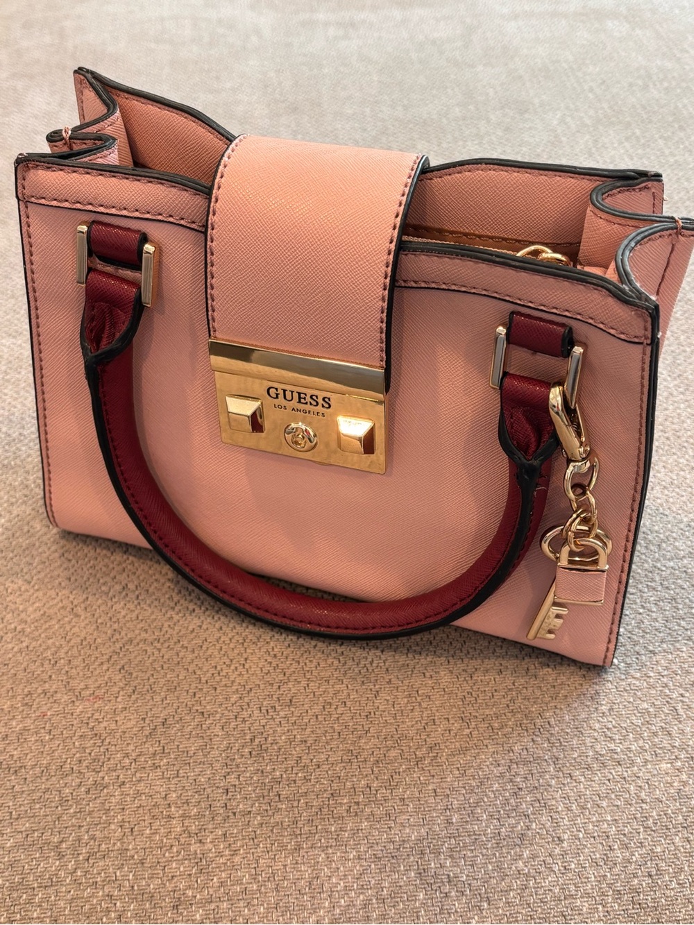 GUESS Pink and Burgundy Mini Saffiano Satchel with Gold Hardware